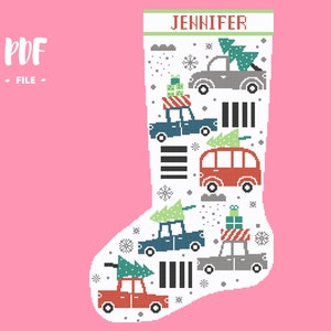 Patrón de punto de cruz para medias navideñas 7, bordado de árbol de Navidad con coche DIY, medias de niño personalizables con nombre, muestrario de camión Xstitch