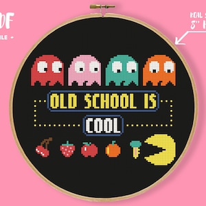 Old School Is Cool Cross Stitch Pattern, Arcade Machine Game Embroidery, Retro Gaming Needlepoint, Gamer Xstitch Beginner Friendly DIY Craft