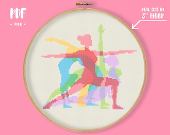 Modèle de point de croix yoga, broderie d'exercices arc-en-ciel coloré, décoration de méditation sportive, point x bien-être bien-être, modèle fille moderne