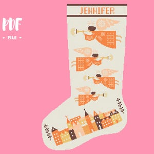 Christmas Stocking 49 Cross Stitch Pattern, Angels Christmas Eve Embroidery DIY, Stockings customizable with name, Xstitch Sampler Winter
