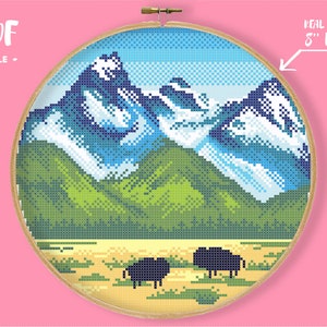 Grand Teton National Park Kreuzstich Muster, Bisons Tiere Stickerei, Natur Landschaft Xstitch Berge Wald Hoop Art Decor