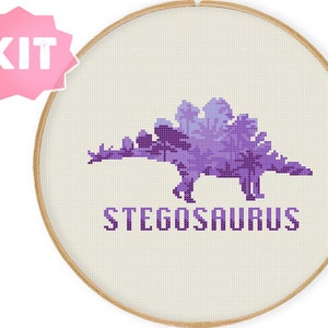 Stegosaurus Cross Stitch Kit, Violet Dinosaur embroidery, The Lost World, Life finds a way. fossil sci-fineevdlepoint jurassic