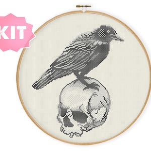 Raven on the Skull Cross Stitch Kit, Goth Embroidery, Dark Monochrome Needlepoint, Bird Xstitch, Skull Skeleton Spooky Scary Decor