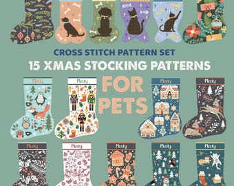 Set of 15 Pet Christmas Stocking Set Cross Stitch Pattern, Dog Cat Parrot Christmas Tree Embroidery DIY, Stockings customizable name Xstitch