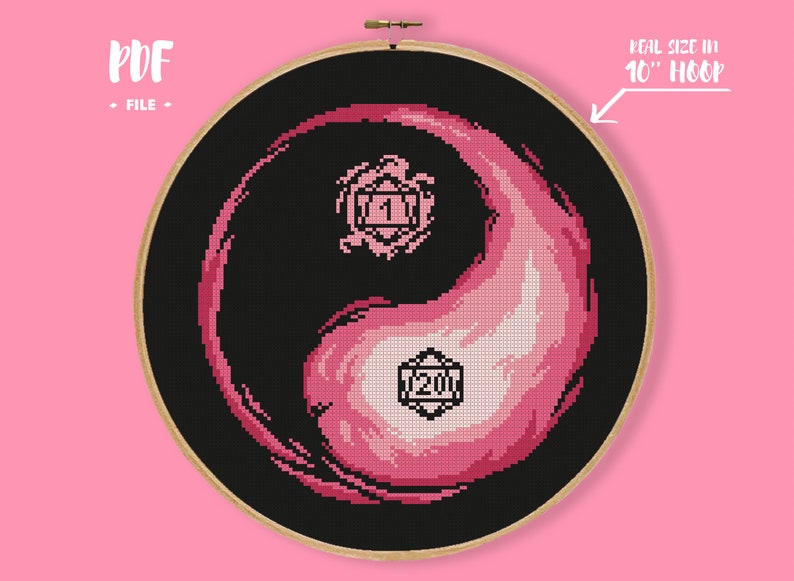 Yin Yang Dice Cross Stitch Pattern, DnD Dice Embroidery, D20 Dice DIY Decor Needlepoint, Harmony Game Xstitch Geek Love, Gamer Gift image 1