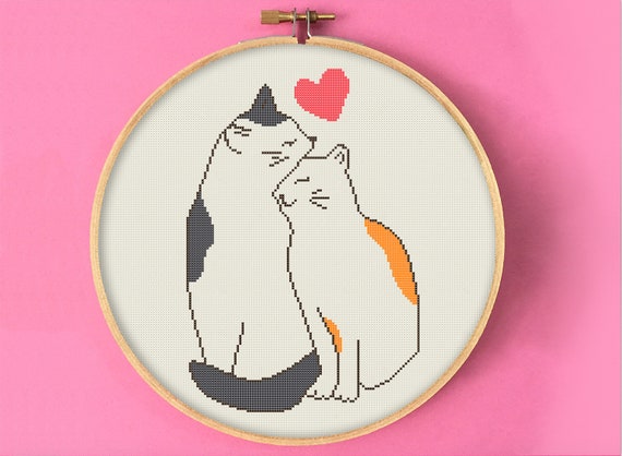 Cats Couple Love Valentines Day Present Cross Stitch Pattern Heart Animal Embroidery Yin Yang Cute Cat Animal Hugs Easy Sweet Love - 