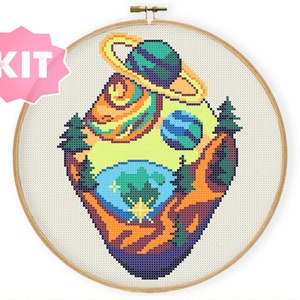 Planets Space Cross Stitch Kit, Galaxy Solar System Moon Star Sky Needlepoint, Science Embroidery, NASA Astronomy Modern