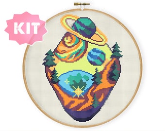 Planets Space Cross Stitch Kit, Galaxy Solar System Moon Star Sky Needlepoint, Science Embroidery, NASA Astronomy Modern