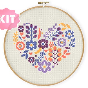 Floral Heart 2 Cross Stitch Pattern, Flowers Plants Embroidery, Colorful Nature Needlepoint, Cute Easy Xstitch Violet Orange flowers Xstitch