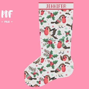 Christmas Stocking 57 Cross Stitch Pattern, Birds Robin Christmas Skandi Embroidery DIY, Stockings customizable with name, Xstitch Sampler