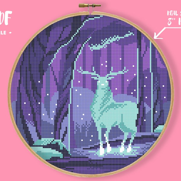 Mysterious Deer Cross Stitch Pattern, Colorful Nature Embroidery, Winter Christmas Scenery, Forest Xstitch, Snow Deer Landscape