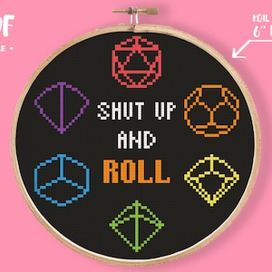 Shut Up and Roll Stitch Pattetn, Game Needlepoint, RPG Bordado, 20 dados laterais, presente para fãs de jogos, gráfico de jogadores, presente de decoração nerd, d20 xstitch
