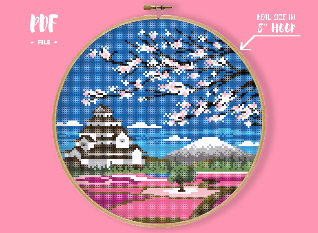 日本のピンク畑のクロスステッチパターン、咲き誇る桜の刺繍富士山寺院