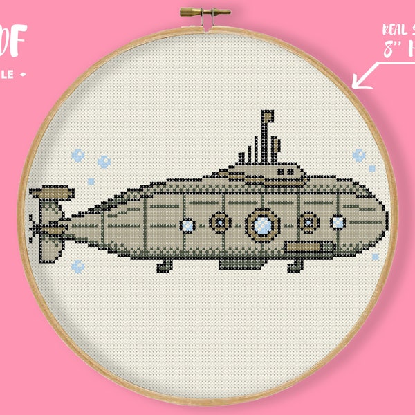 Vintage Submarine Cross Stitch Pattern, Retro Transport Embroidery, Old Style Baby Boy Nursery Needlepoint, Classic Cars Xstitch