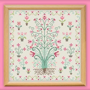 Floral Sampler 1 Cross Stitch Pattern, Flowers Old Style Embroidery, Primitive Floral Needlework, Easy beginner counted cross stitch sampler