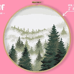 Round Green Foggy Forest Cross Stitch Pattern, Forest Embroidery, Nature Moody Rainy Needlepoint, Landscape Xstitch Diy National Park
