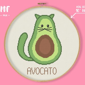 Avocado Kreuzstichmuster, lustiges Kreuzstichmuster, süße Katze Avocado Stickvorlage, Katzendame Geschenk, Chat Point de Croix, einfache Stickdatei für Anfänger