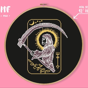 Death Reaper Cross Stitch Pattern, Tarot Card Design Broderie, Skeleton Needlepoint, Grim reaper Gothic Xstitch, Téléchargement numérique PDF