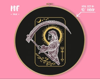 Death Reaper Cross Stitch Pattern, Tarot Card Design Embroidery, Skeleton Needlepoint, Grim reaper Gothic Xstitch, Digital download PDF