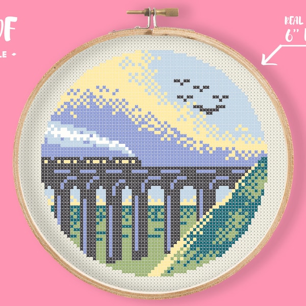 Scotland Train - Small Round Cross Stitch Pattern, Magic Express Embroidery, Aqueduct Bridge in Great Britain Xstitch Nature Railway Road
