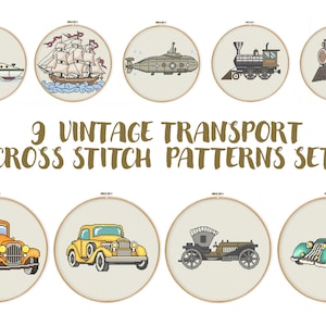 9 Vintage Transport Cross Stitch Patterns,  Retro Car Embroidery, Classic Locomotive Needlework, automobiles xstitch, Vehicle Nursery