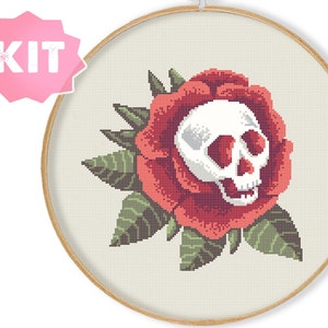 Skull Rose Floral Cross Stitch Kit, gothic embroidery, Rock-n-Roll Embroidery, Witchy Creepy Horror Witchcraft Gothic Pattern Bones