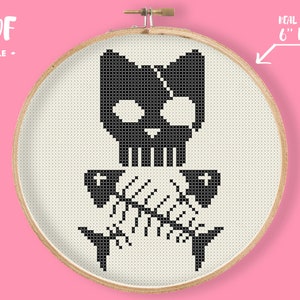 Pirate Cat Cross Stitch Pattern, Cat and Fish Skeleton Embroidery, Monochrome easy Needlework, Halloween Xstitch Cat Lover Decor