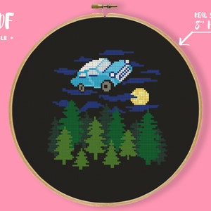 Flying Car Wizard World Cross Stitch Pattern, Magic Express Embroidery, Magic Geek Nerdy Xstitch, Forrest Night Magic Nature Geek Craft