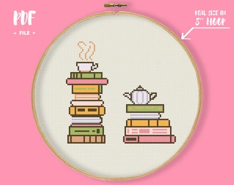 Books and Tea Cross Stitch Pattern, Bookworm Embroidery, Cozy Reading Nook Needlepoint, Reading Nerd Craft, Book Lover Xstitch Present