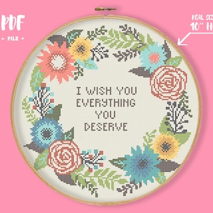 Ik wens je alles wat je verdient Kruissteekpatroon, bloemen borduurwerk, citaat bloemen lijst borduursteek grappige muur saing tekst muur decor