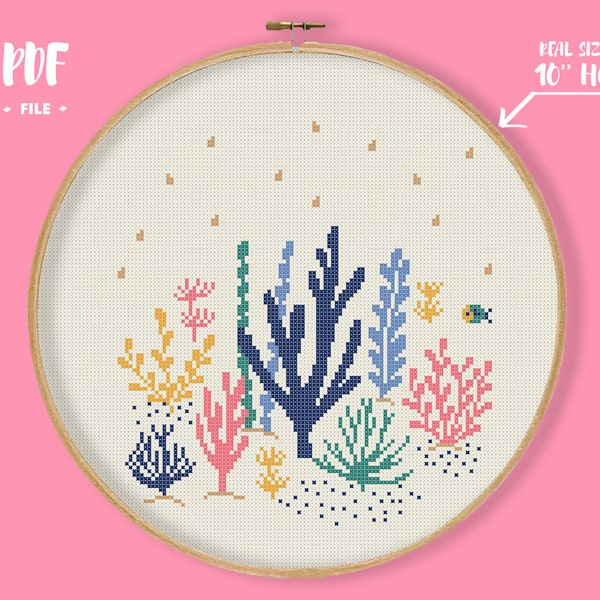 Corals Cross Stitch Pattern, Sea Bottom Embroidery, Fish Marine Fauna Floral Seaplants Xstitch Pattern, Colorful sealife needlework