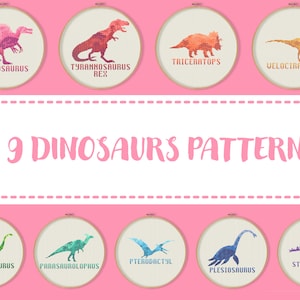 9 Dinosaurs Cross Stitch Patterns, Tyrannosaurus Rex Triceratops Velociraptor Brachiosaurus Pterodactyl Embroidery, T-Rex Xstitch Colorful