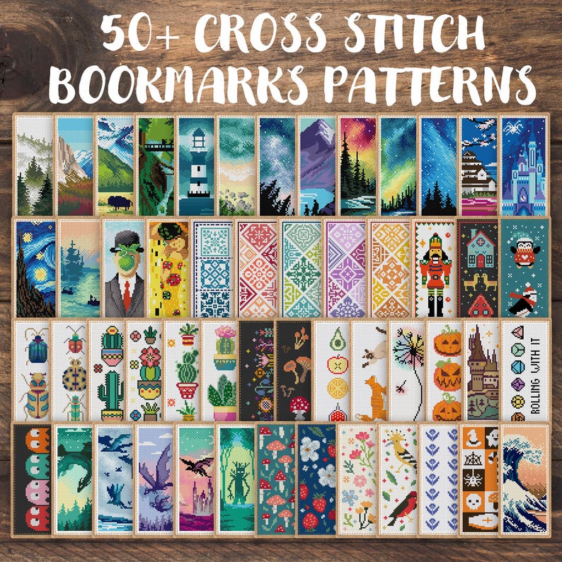May include: A collection of over 50 cross-stitch bookmark patterns. The bookmarks feature various designs, including landscapes, art reproductions, and whimsical illustrations. The text "50+ CROSS STITCH BOOKMARKS PATTERNS" is displayed at the top.