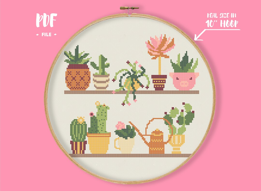 Cactus Shelf Cross Stitch Pattern, Plant Flowers Home Decor Embroidery ...