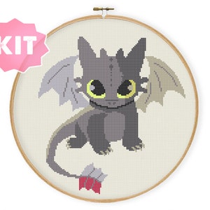 Kit de punto de cruz de dragón chibi, bordado de dibujos animados chibi, decoración de pared infantil, patrón lindo para niños, decoración geek fácil de hacer xstitch