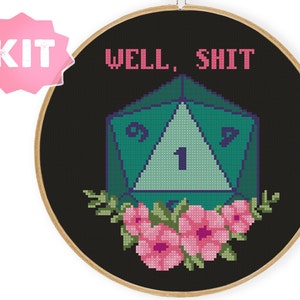 D20 Roll 1 Cross Stitch Kit, Well Shit Embroidery, Unlucky Roll, D20 Dice Game Needlepoint, Gamer Gift, Funny Geeky Decor, Nerdy