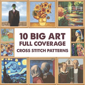 10 patrones de punto de cruz de gran formato, reproducción de bellas artes para bordado, obra maestra de pintura, dibujo y bordado de punto de cruz de artista de galería