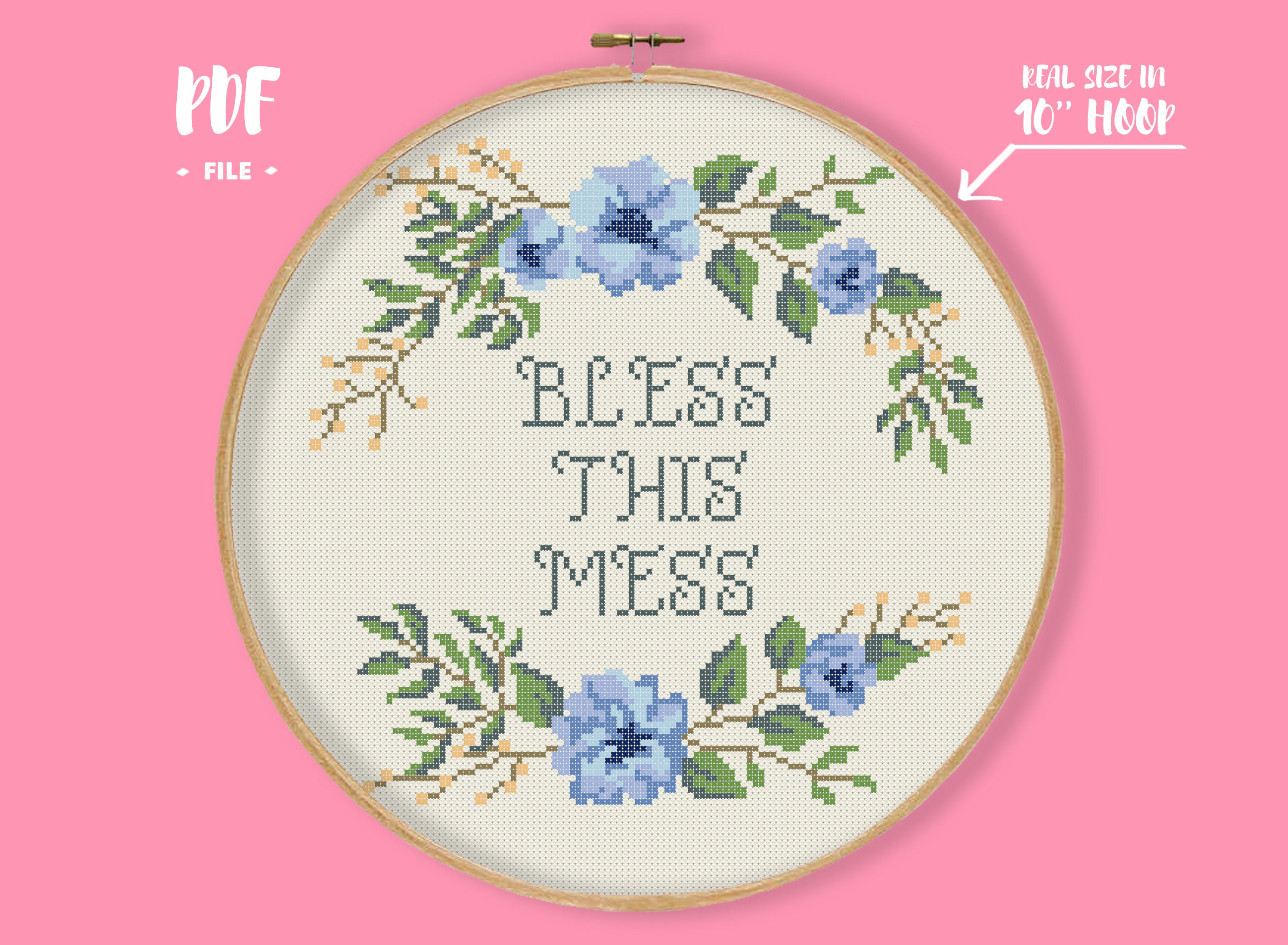 Cross Stitch Pattern Bless this mess counted cross stitch pattern funny quote floral wreath flowers design easy cute Digital Format - PDF