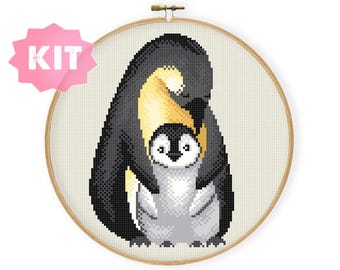 Penguin Family Cross Stitch Kit, Mother Day Embroidery Gift, Realistic Arctic Animal Needlepoint, Polar Winter Mother Love Xstitch Mom