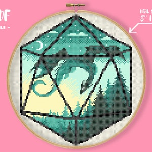 Dragon Dice 2 Cross Stitch Pattern, D20 Dice Silhouette Embroidery, Flying Dragon Forest Nature Needlework, DnD Xstitch Fantastic Beast