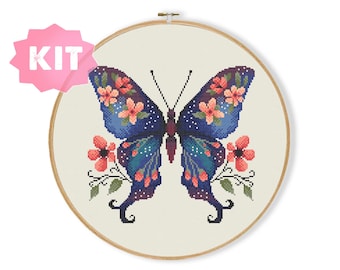 Floral Butterfly Cross Stitch Kit, Cute Insect Embroidery, Blue and Pink Needlework, Nature Inspired Xstitch Chart, Entomology Present