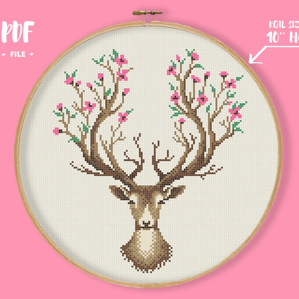 Floral Deer Cross Stitch Pattern, Deer Horns with Flowers Embroidery, Sakura Tree Animal Needlepoint, Forest Xstitch Chart, Cute DIY
