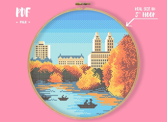 Autumn in NY Cross Stitch Pattern, New York Embroidery, Big Apple City Landscape, Lake boats Central Park Manhatten Xstitch Modern