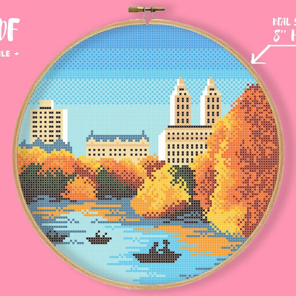 Autumn in NY Cross Stitch Pattern, New York Embroidery, Big Apple City Landscape, Lake boats Central Park Manhatten Xstitch Modern