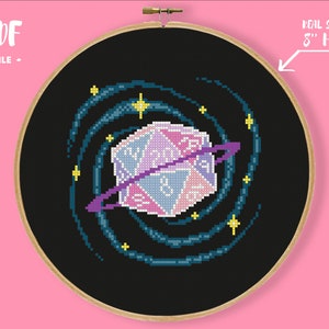 DnD Planet-kruissteekpatroon, borduurwerk spelastronomie, D20-dobbelsteennaaldpunt, pastel goth gamer xstitch, geeky doe-het-zelf knutselen grappig