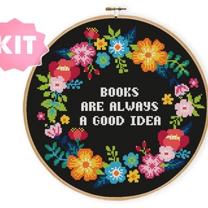 Books Are Always A Good Idea Cross Stitch Kit, bookworm gift, library embroidery, floral wreath quote reading, book lover present xstitch