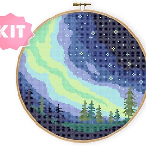 Aurora Sky Cross Stitch Kit, Nature Forrest Winter Starry Night Embroidery, Northern Lights Milky Way Needlework Beautiful Landscape