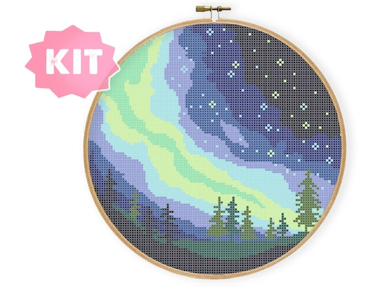オーロラスカイクロスステッチキット、自然の森の冬の星空の刺繍