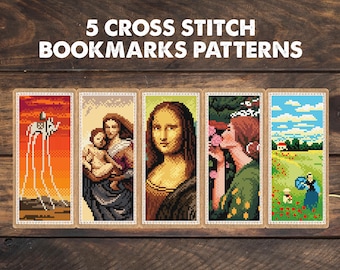 5 Art (2) Bookmark  Cross Stitch Patterns, set of bookmarks embroidery, present for reading geek, library decor, crafty reader book worm