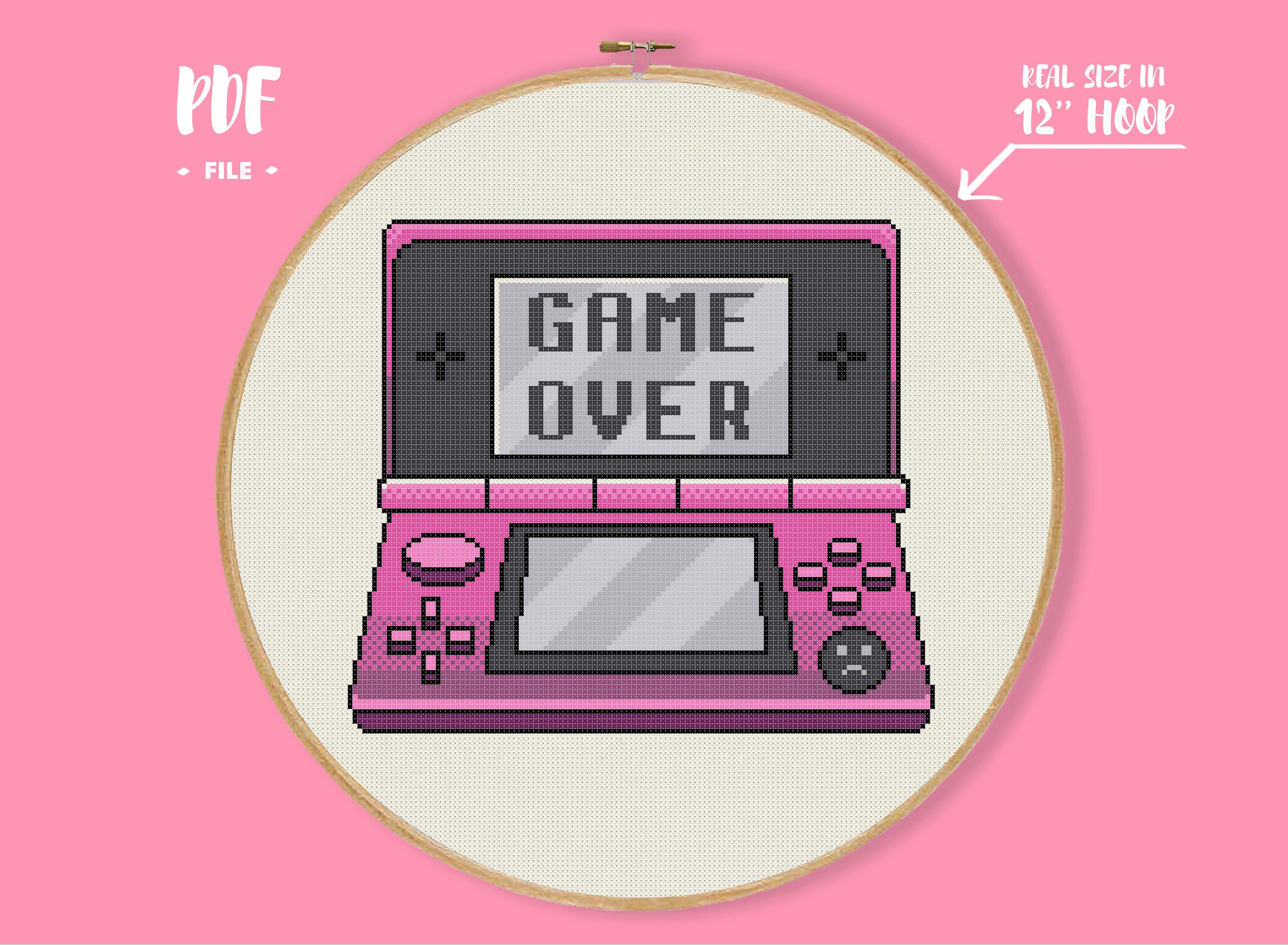 Game Over Cross Stitch Pattern, Pink Girly Game Console Embroidery, Gamer Girl Needlepoint, Kawaii Cute Pastel Goth Xstitch, Geeky Crafts